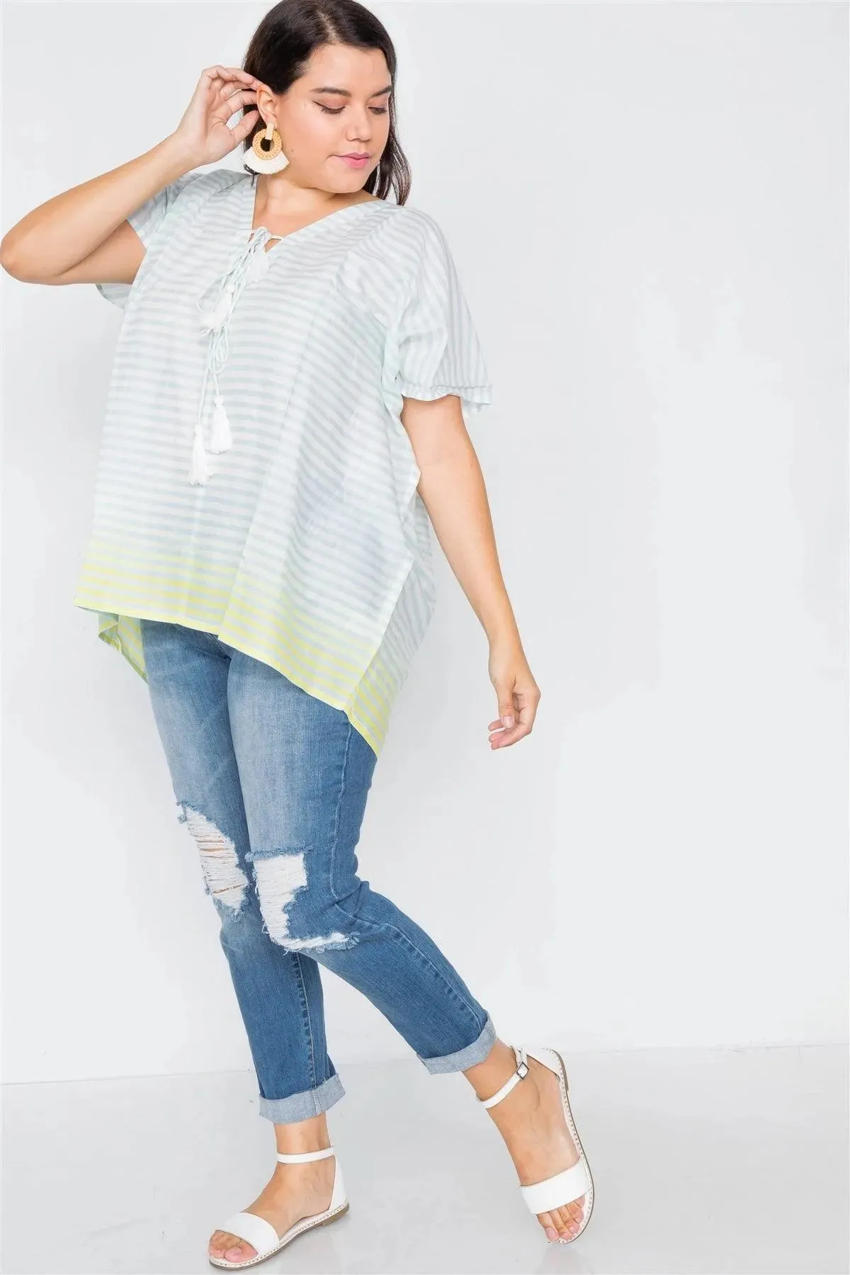 Junior Plus Size Mint Lemon Ombre Lace Up Tassel Swim Cover-Up Top /1-2-2