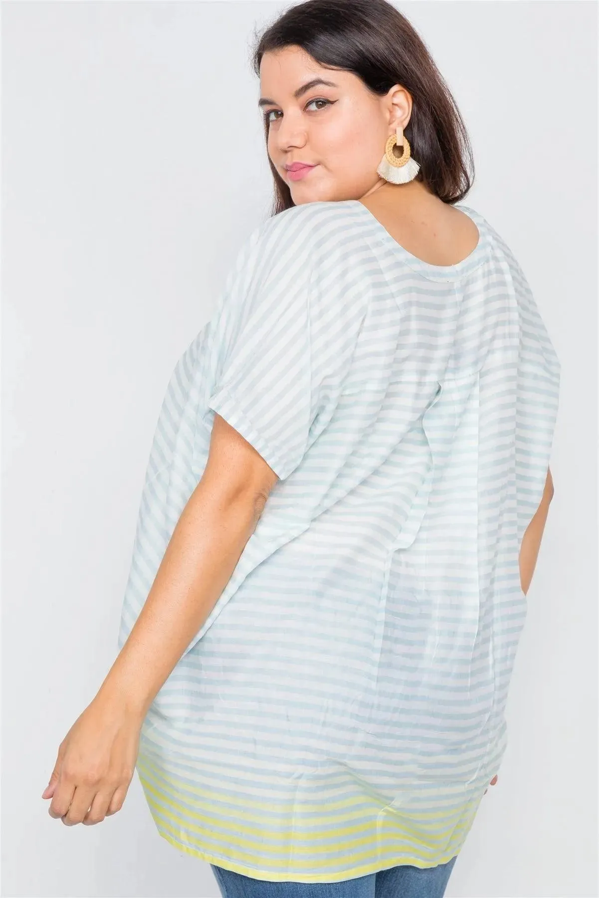 Junior Plus Size Mint Lemon Ombre Lace Up Tassel Swim Cover-Up Top /1-2-2