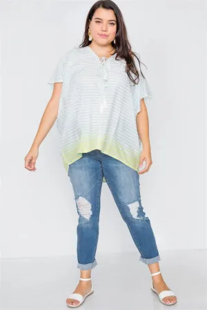 Junior Plus Size Mint Lemon Ombre Lace Up Tassel Swim Cover-Up Top /1-2-2
