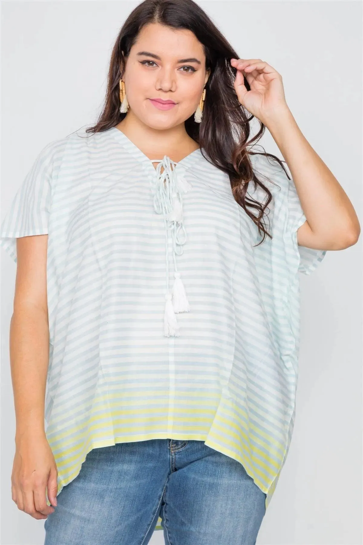 Junior Plus Size Mint Lemon Ombre Lace Up Tassel Swim Cover-Up Top /1-2-2