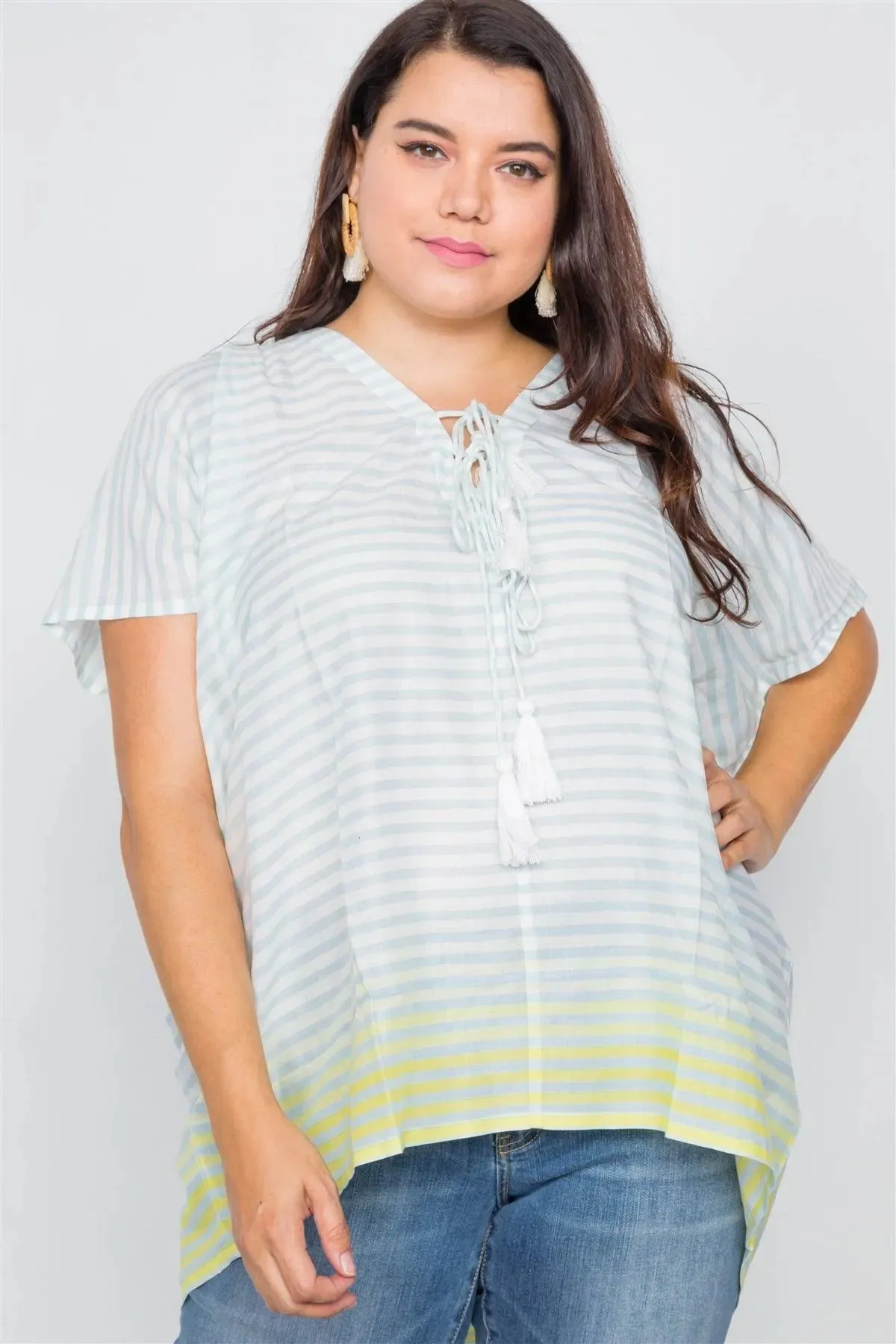 Junior Plus Size Mint Lemon Ombre Lace Up Tassel Swim Cover-Up Top /1-2-2