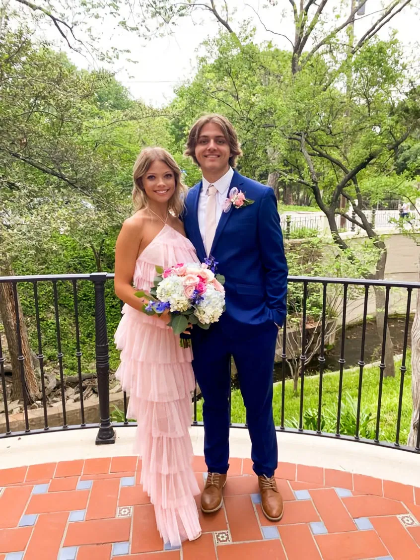 kamahe A-line Pink Tulle Tiered Long Prom Dress, Unique Prom Dress