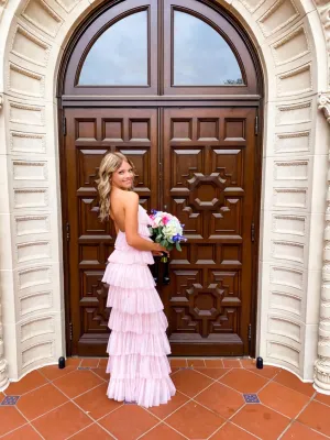 kamahe A-line Pink Tulle Tiered Long Prom Dress, Unique Prom Dress