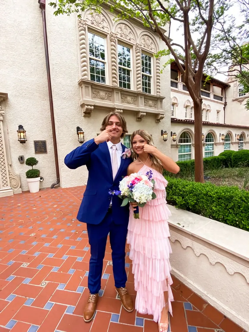 kamahe A-line Pink Tulle Tiered Long Prom Dress, Unique Prom Dress