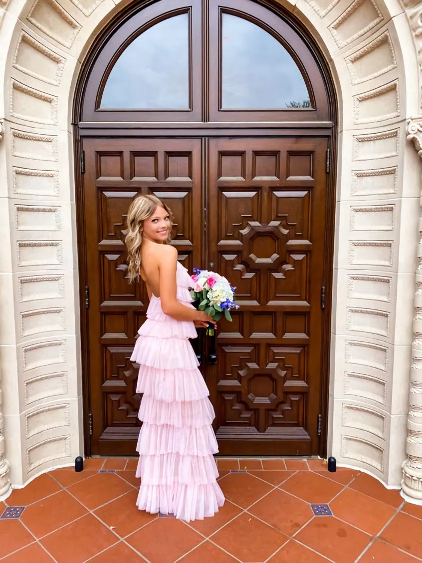 kamahe A-line Pink Tulle Tiered Long Prom Dress, Unique Prom Dress