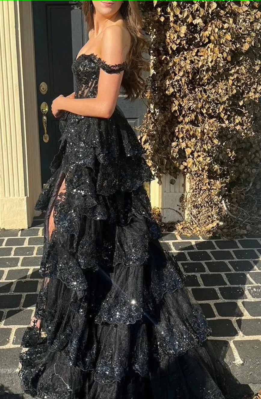 kamahe Black Off The Shoulder Tiered Prom Dress