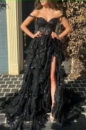 kamahe Black Off The Shoulder Tiered Prom Dress