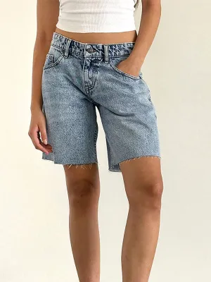 Knee-Length Denim Shorts, Loose-Color Full-Leg Raw-Hem Vintage Bermuda Shorts With Pockets