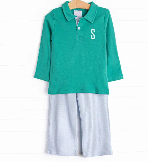 Levi Pant Set, Jade Green and Blue Stripe