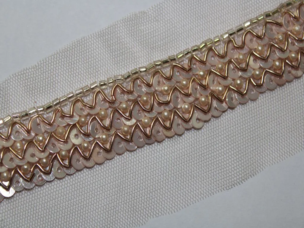 Light Golden Fancy Sequins and Pearl Handwork Embroidered Border