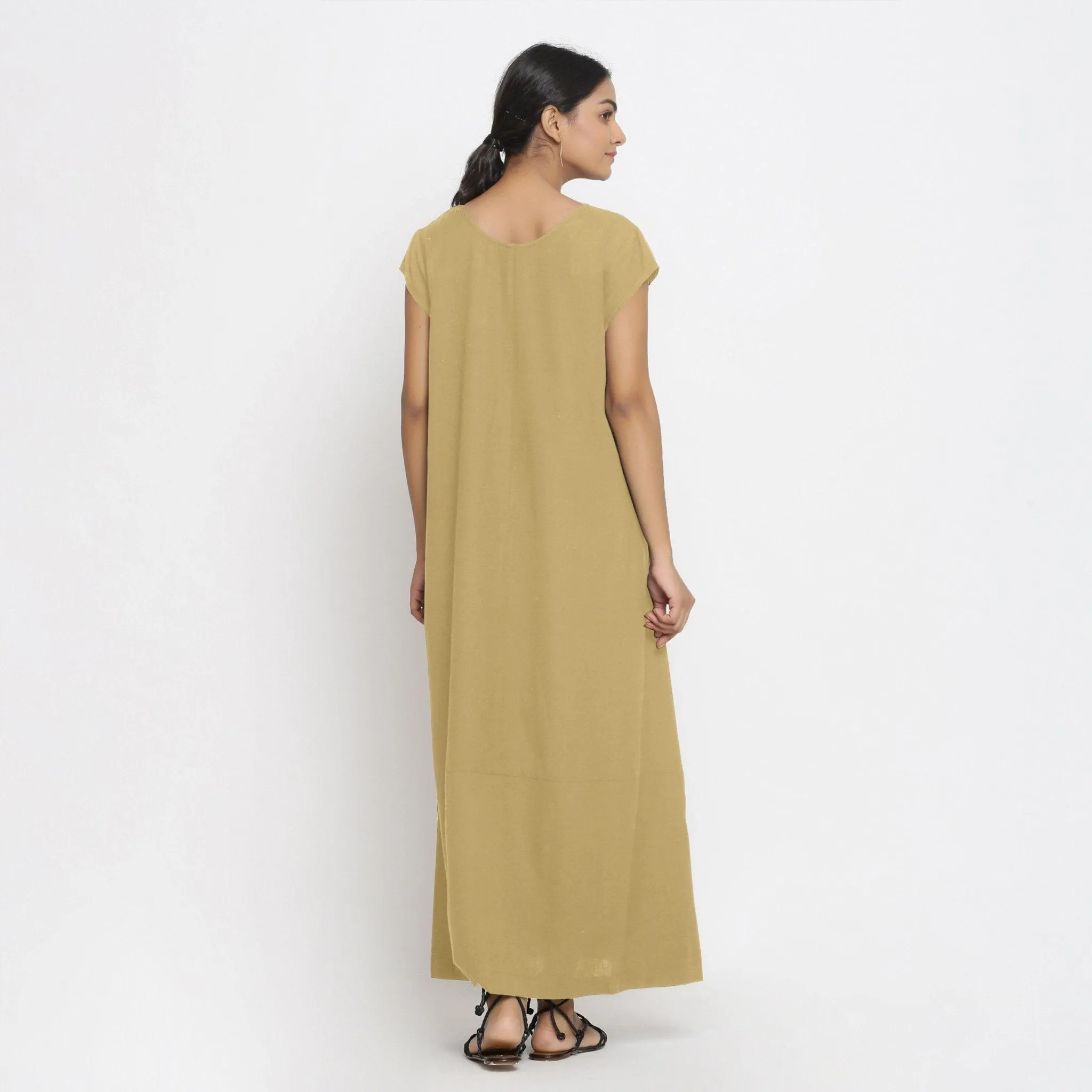 Light Khaki Cotton Flax Scoop Neck Paneled Maxi Dress