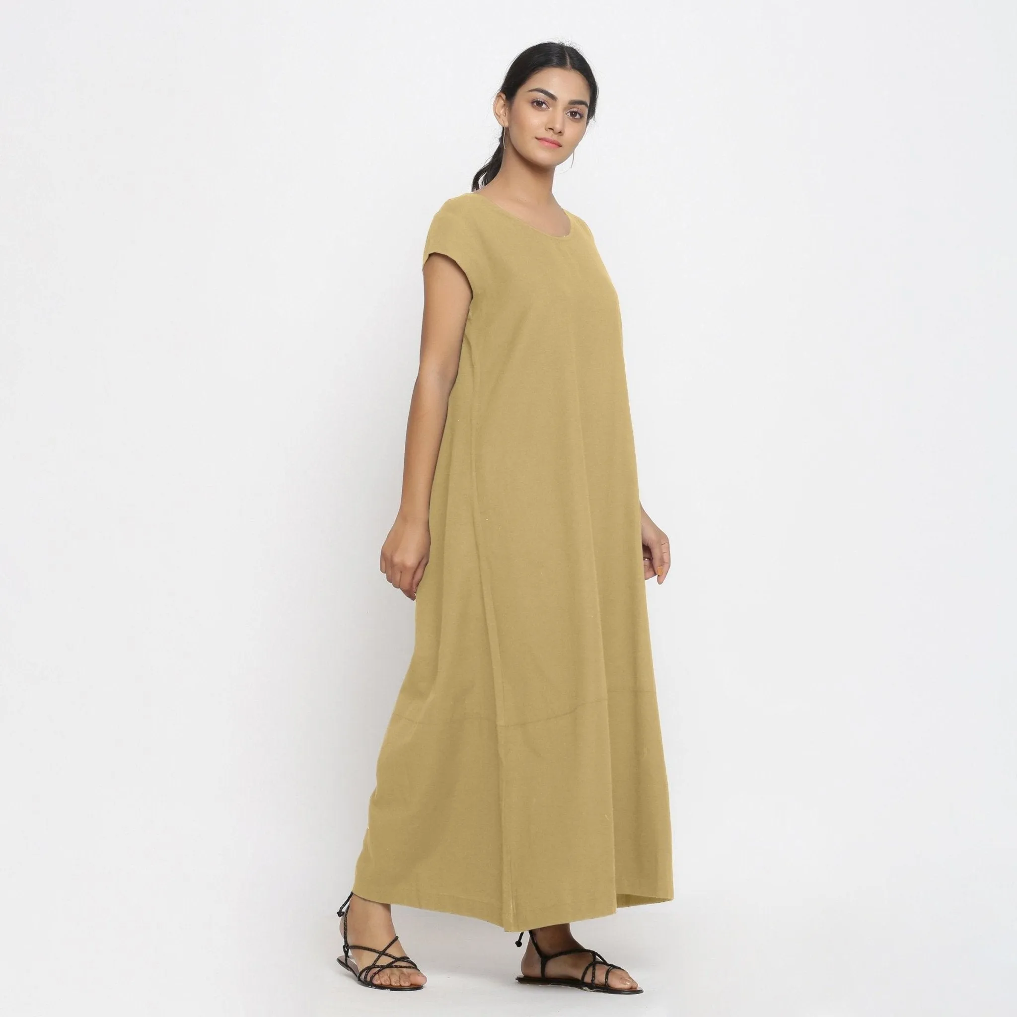 Light Khaki Cotton Flax Scoop Neck Paneled Maxi Dress