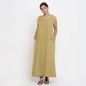 Light Khaki Cotton Flax Scoop Neck Paneled Maxi Dress
