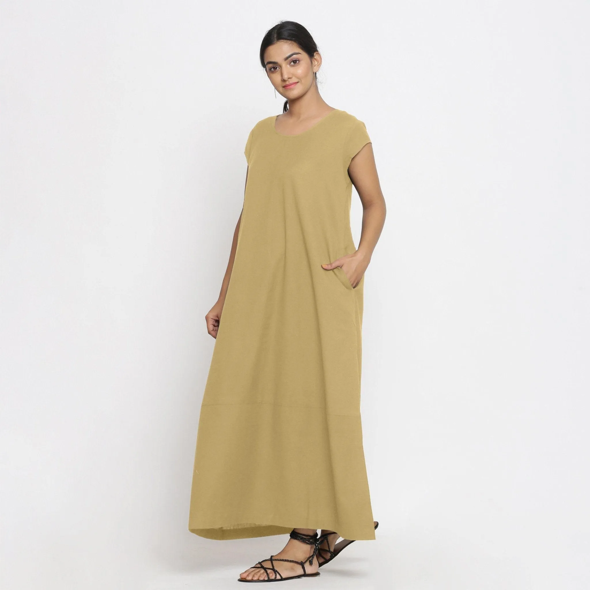 Light Khaki Cotton Flax Scoop Neck Paneled Maxi Dress