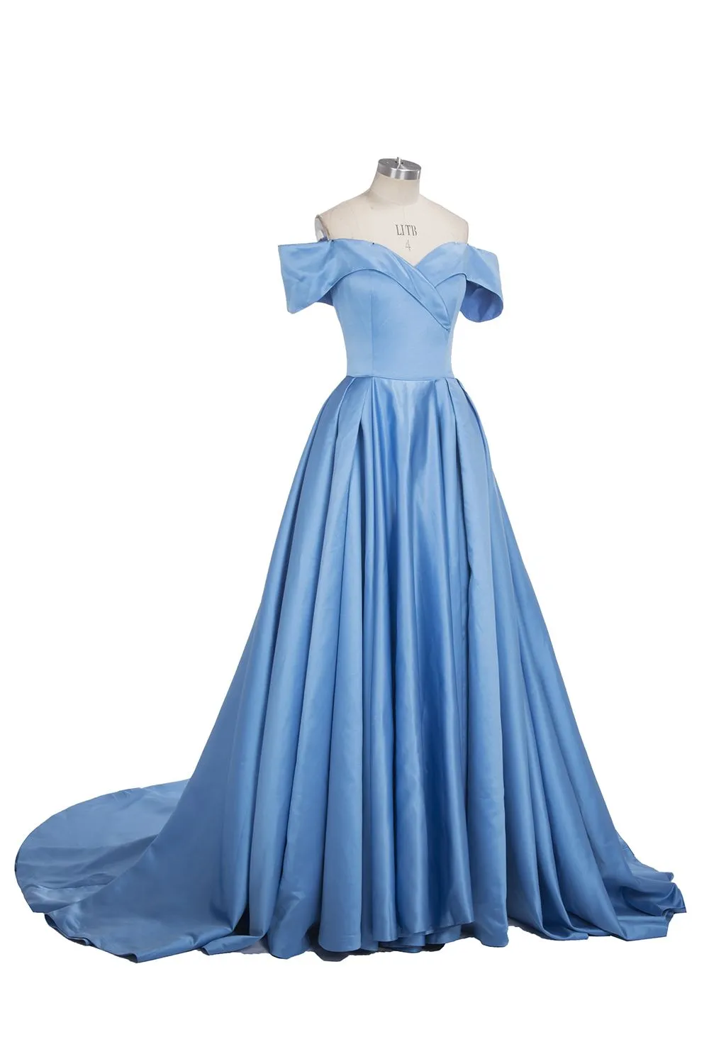 Long Ball Gown Off-shoulder Satin Blue Prom Dresses with Slit