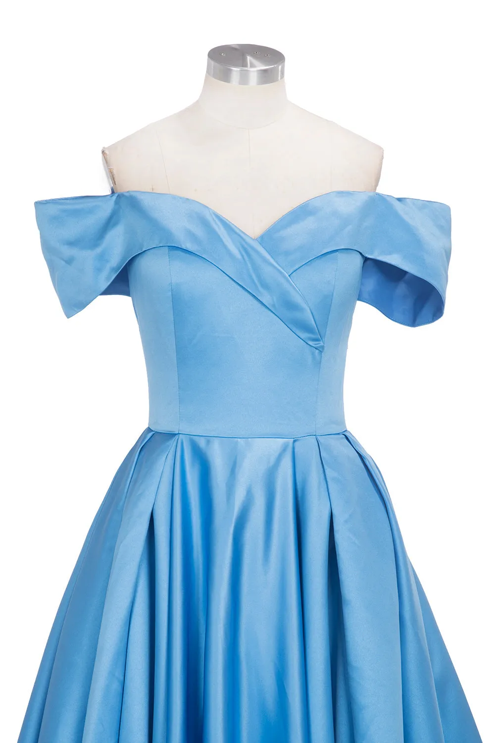 Long Ball Gown Off-shoulder Satin Blue Prom Dresses with Slit