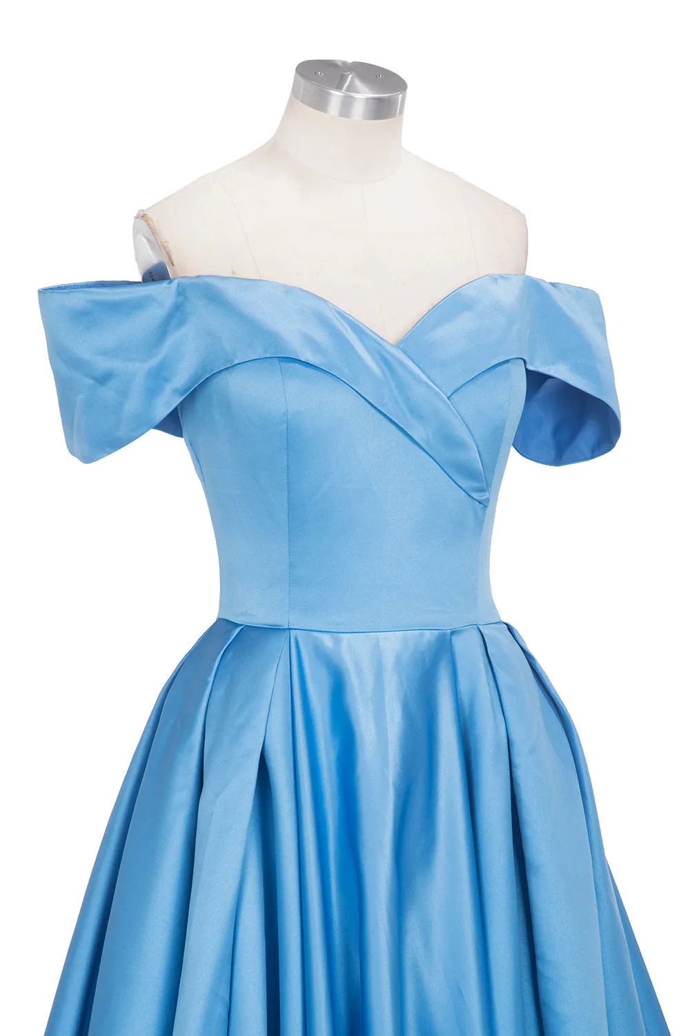 Long Ball Gown Off-shoulder Satin Blue Prom Dresses with Slit
