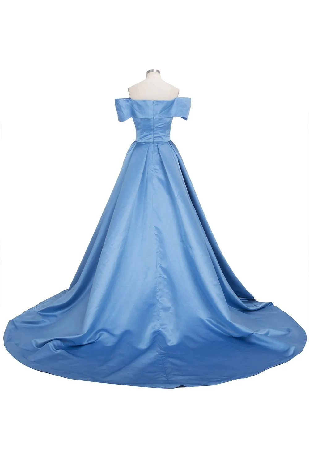 Long Ball Gown Off-shoulder Satin Blue Prom Dresses with Slit