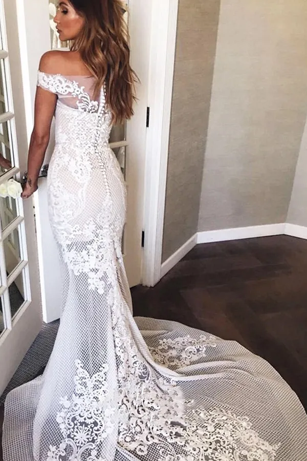 Long Mermaid Off The Shoulder Appliques Sweep Train Wedding Dress