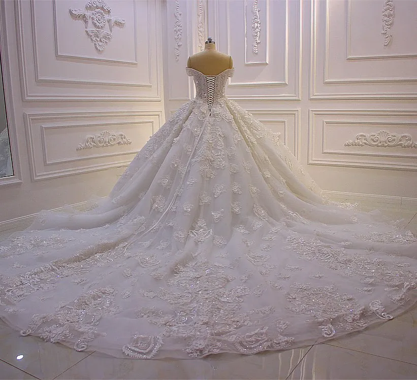 Long Princess Sweetheart Off-the-Shoulder Backless Appliques Lace Ruffles Tulle Wedding Dress