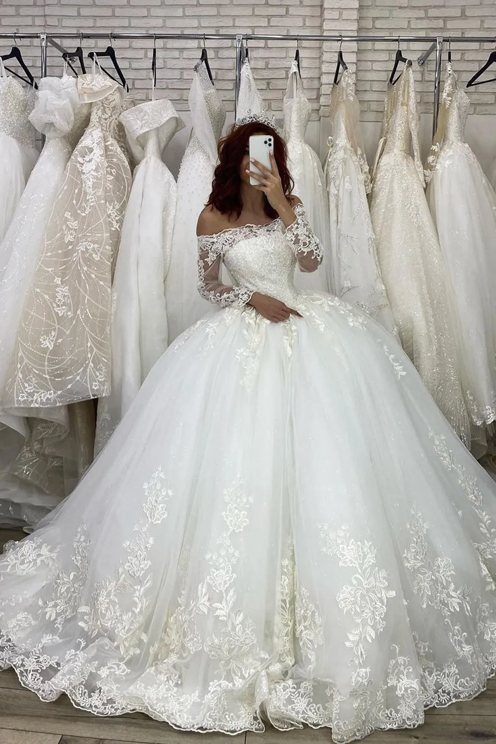 Long Sleeve Ball Gown Off The Shoulder Illusion Wedding Dress