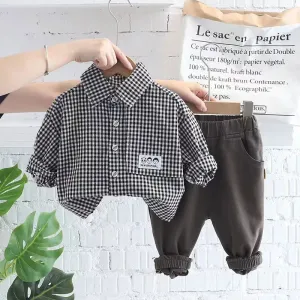 Long-sleeved Plaid Polo Shirt and Pants