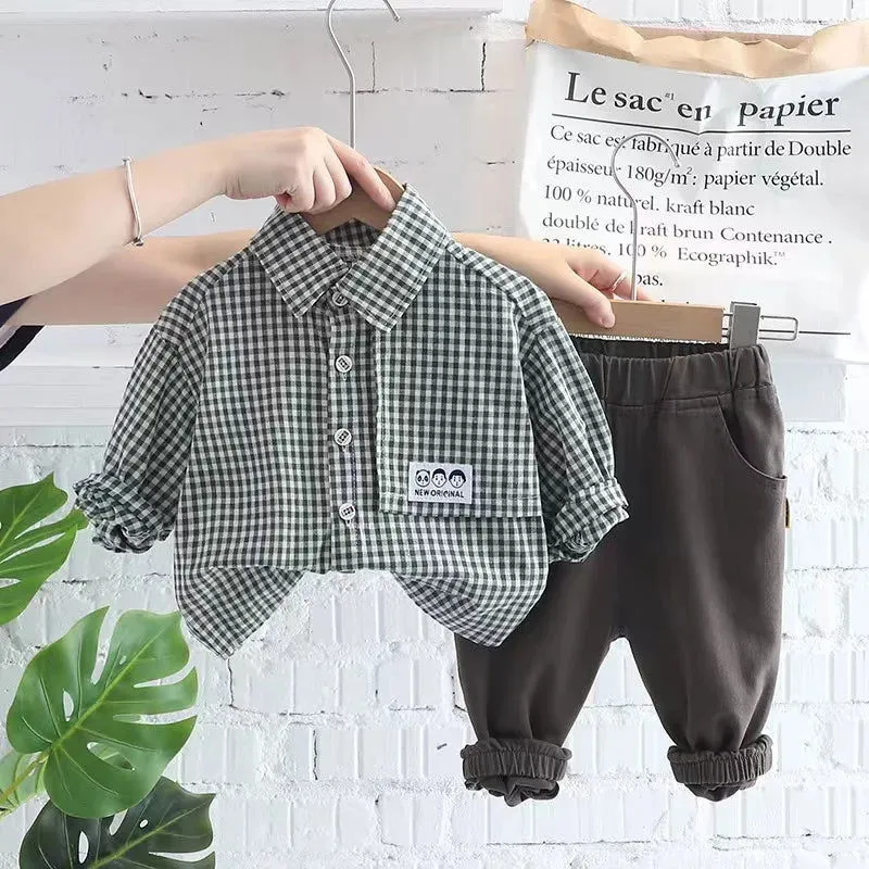 Long-sleeved Plaid Polo Shirt and Pants