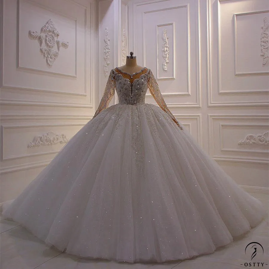 Luxury Embroidered Long Sleeve V Neck Wedding Dresses OS3949