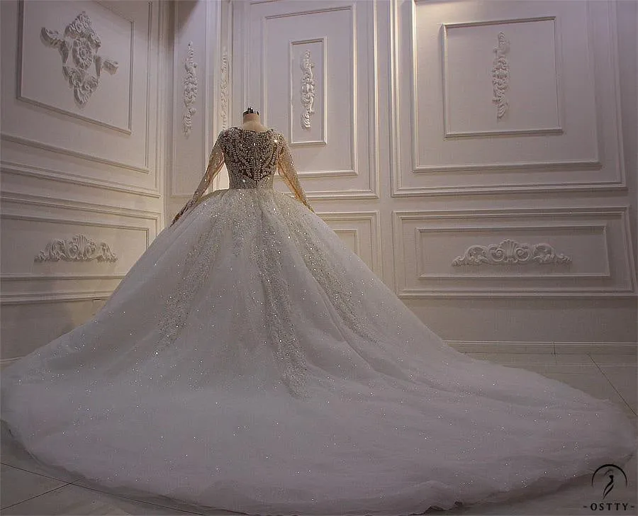Luxury Embroidered Long Sleeve V Neck Wedding Dresses OS3949