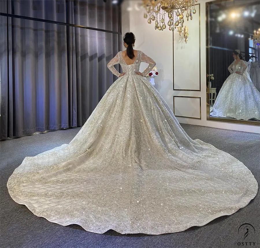Luxury Long Sleeves Beading Flower V Neck Wedding Dress OS4115