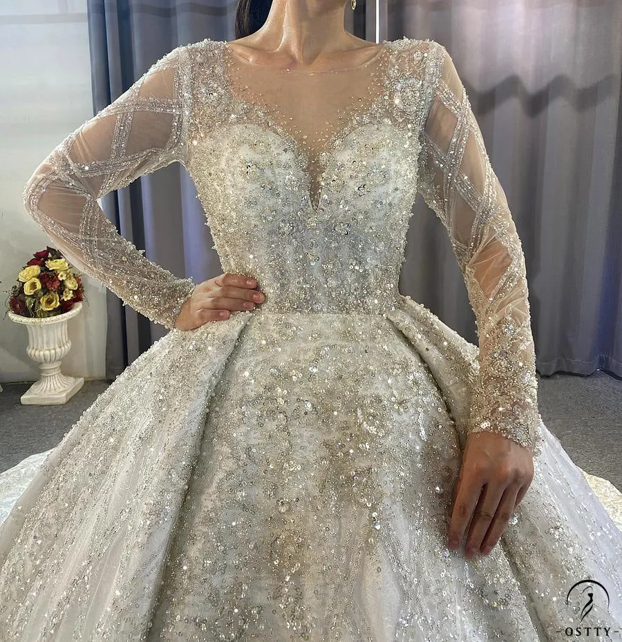 Luxury Long Sleeves Beading Flower V Neck Wedding Dress OS4115