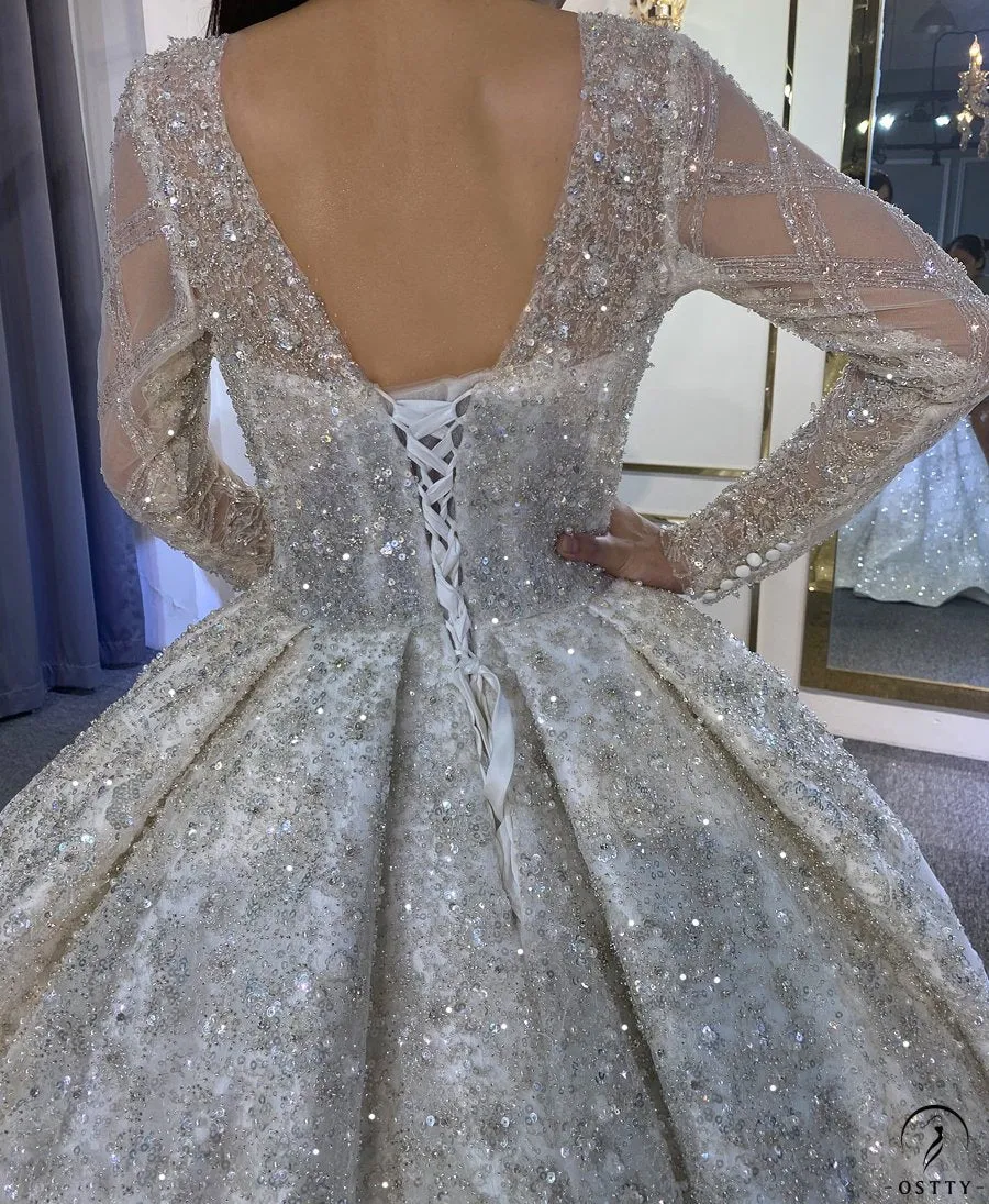 Luxury Long Sleeves Beading Flower V Neck Wedding Dress OS4115