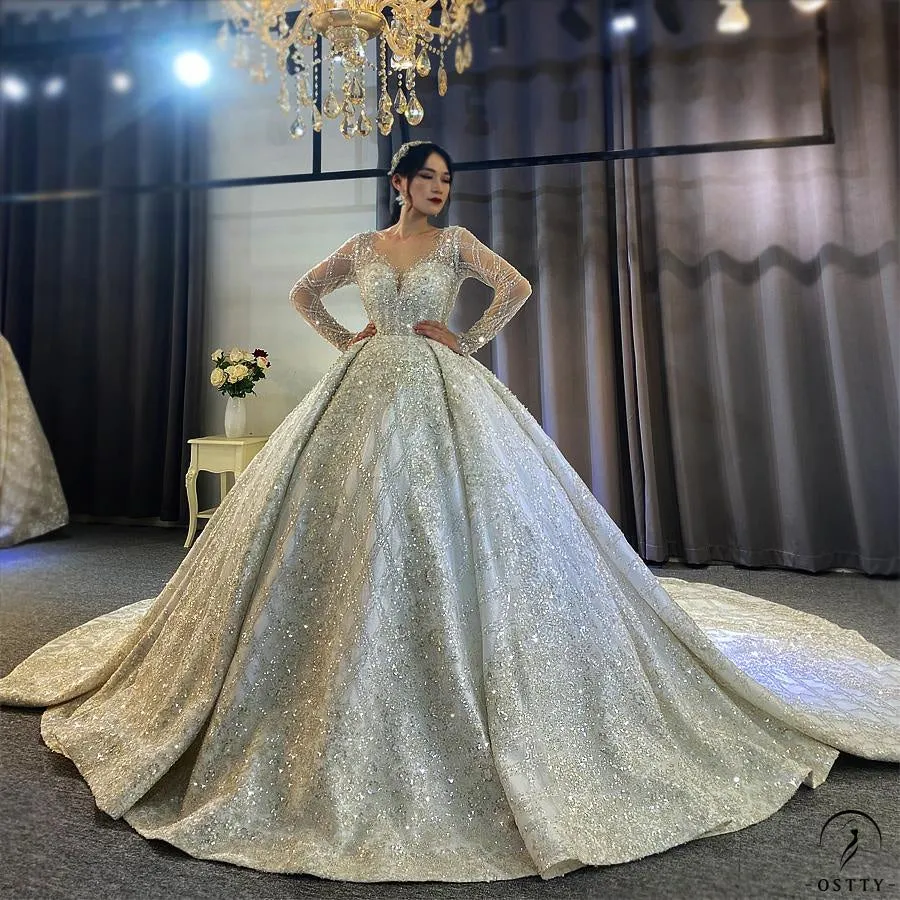 Luxury Long Sleeves Beading Flower V Neck Wedding Dress OS4115
