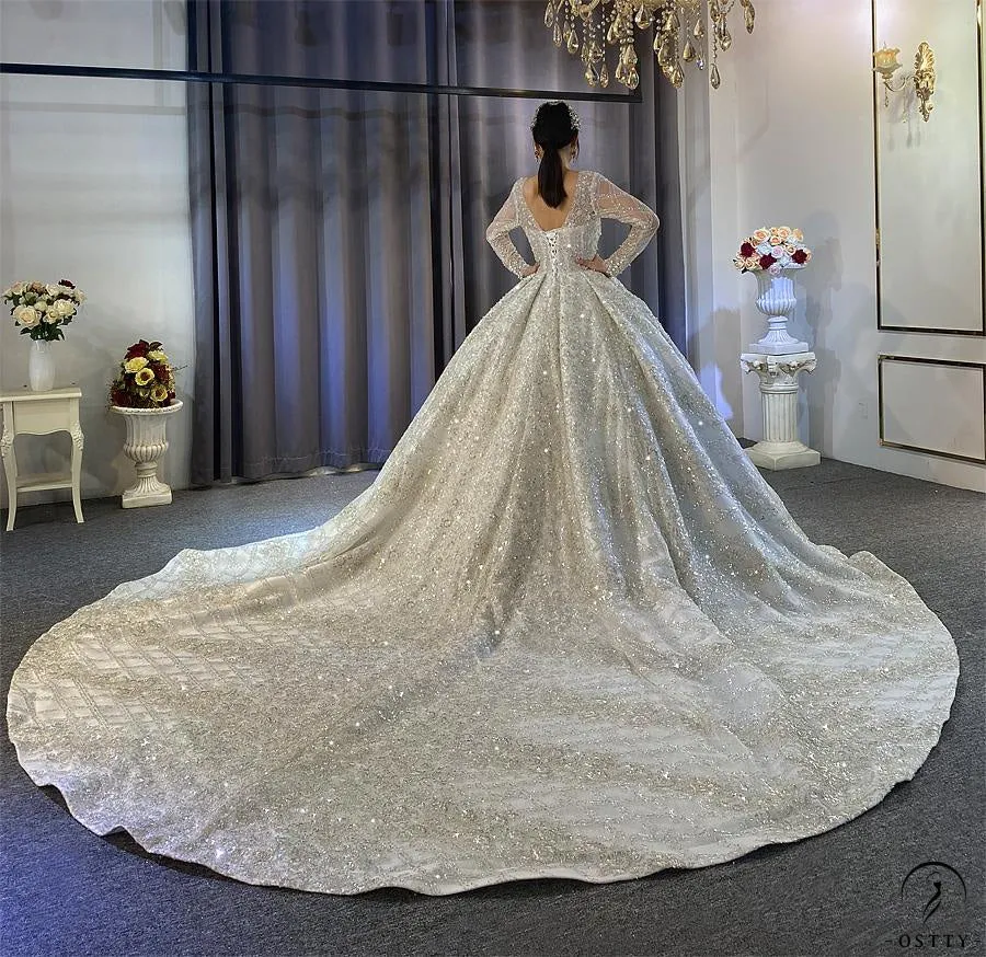 Luxury Long Sleeves Beading Flower V Neck Wedding Dress OS4115