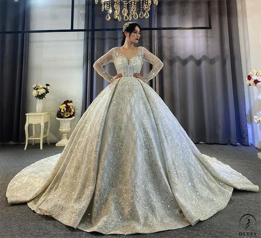 Luxury Long Sleeves Beading Flower V Neck Wedding Dress OS4115