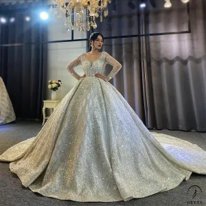 Luxury Long Sleeves Beading Flower V Neck Wedding Dress OS4115