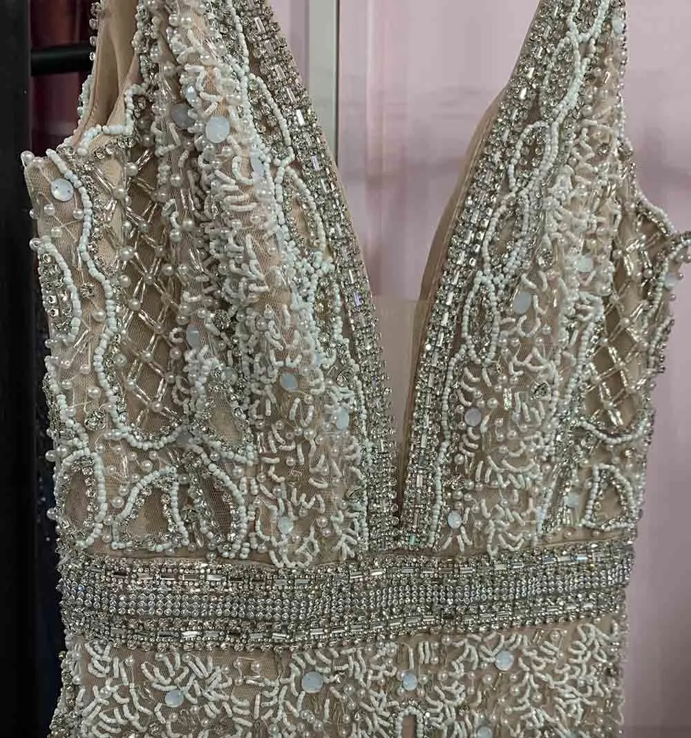 Luxury White Feathers Split Dress- Long Nude Beaded  Mermaid