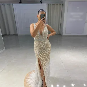 Luxury White Feathers Split Dress- Long Nude Beaded  Mermaid