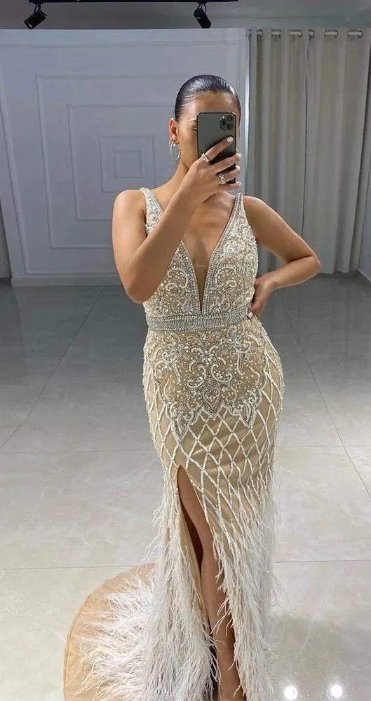 Luxury White Feathers Split Dress- Long Nude Beaded  Mermaid