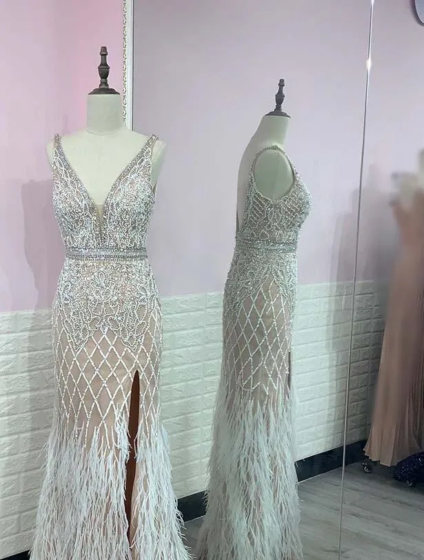 Luxury White Feathers Split Dress- Long Nude Beaded  Mermaid