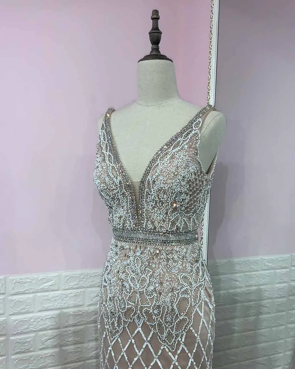 Luxury White Feathers Split Dress- Long Nude Beaded  Mermaid