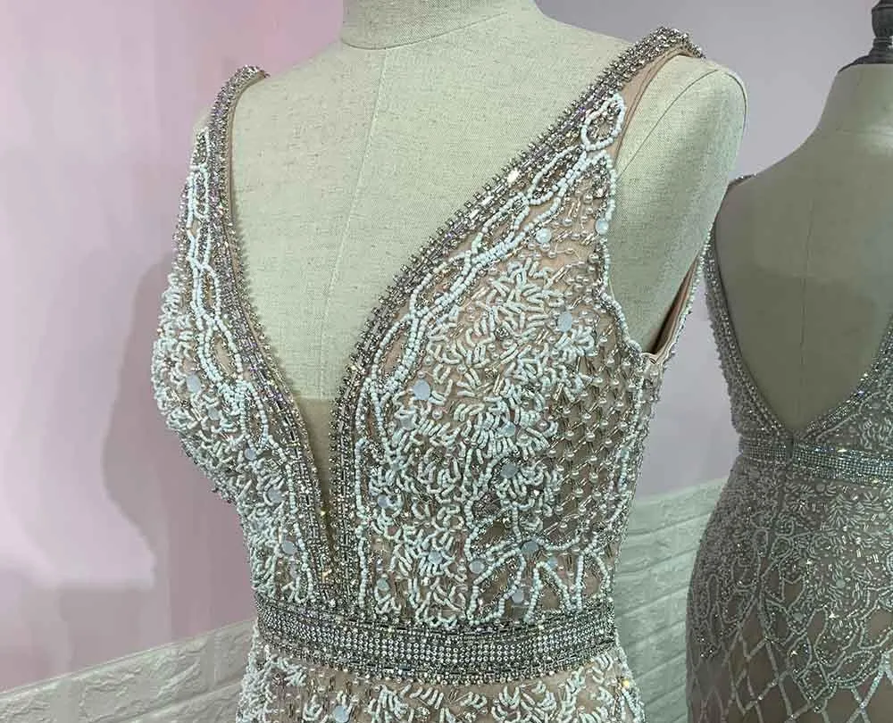 Luxury White Feathers Split Dress- Long Nude Beaded  Mermaid