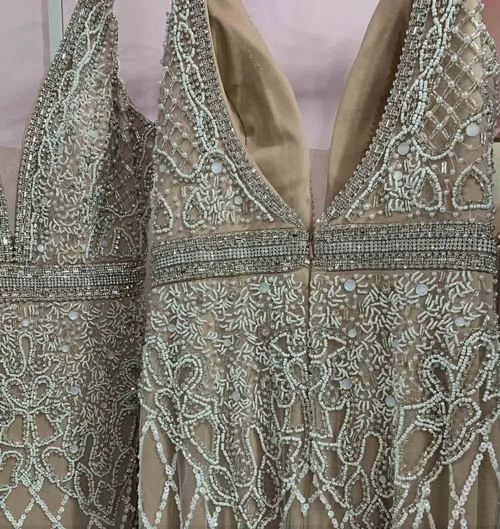 Luxury White Feathers Split Dress- Long Nude Beaded  Mermaid