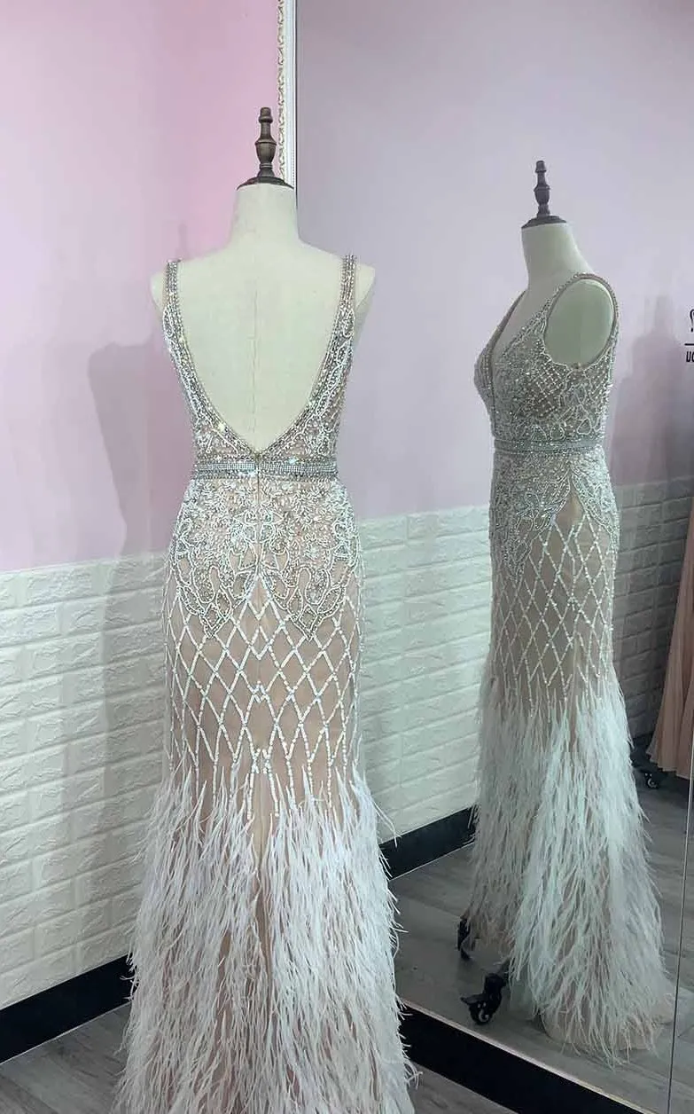 Luxury White Feathers Split Dress- Long Nude Beaded  Mermaid