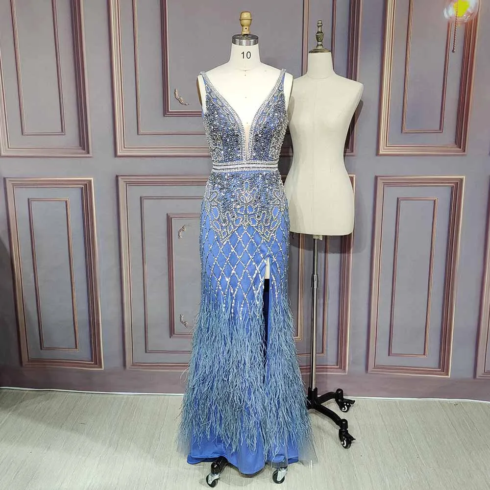 Luxury White Feathers Split Dress- Long Nude Beaded  Mermaid