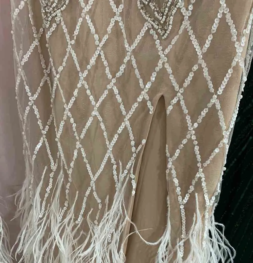 Luxury White Feathers Split Dress- Long Nude Beaded  Mermaid