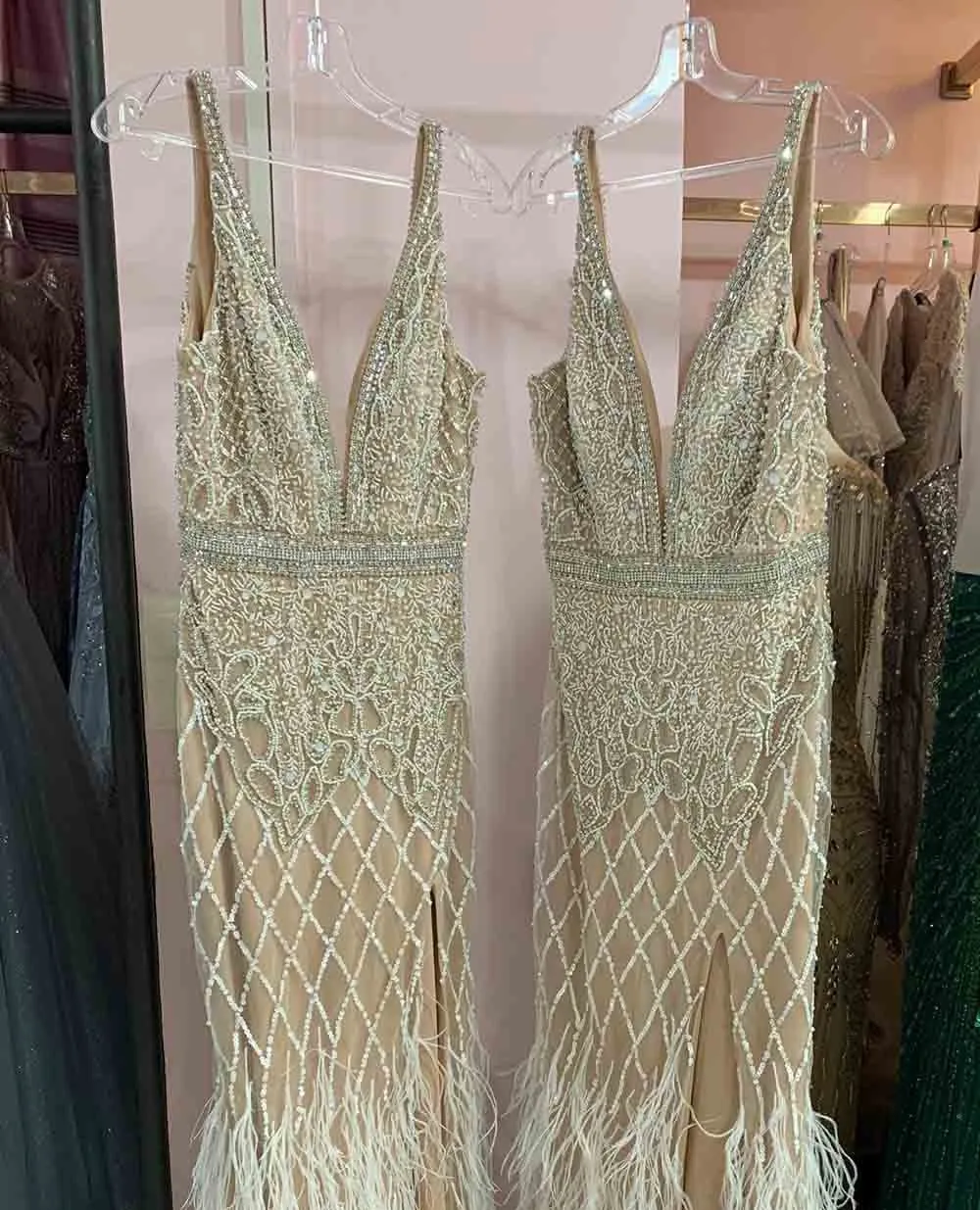 Luxury White Feathers Split Dress- Long Nude Beaded  Mermaid