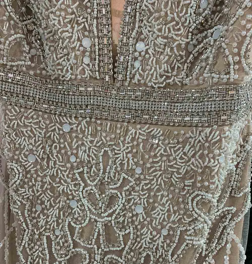 Luxury White Feathers Split Dress- Long Nude Beaded  Mermaid