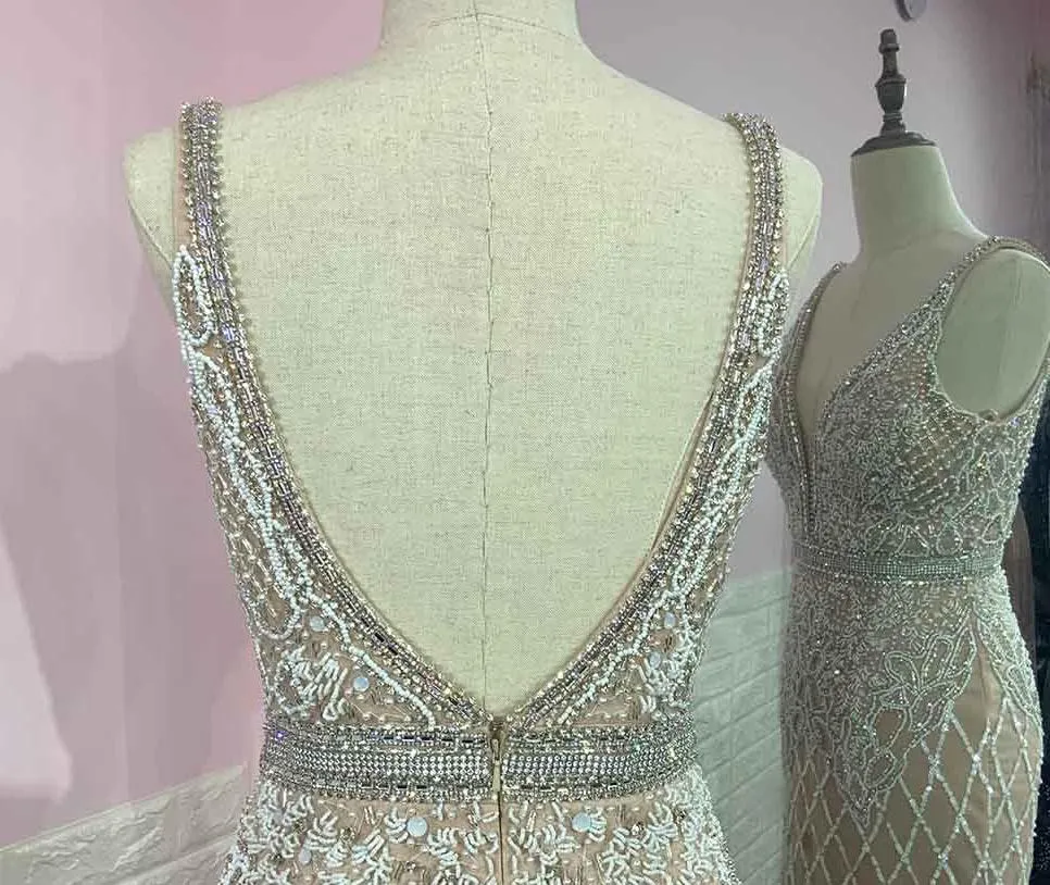 Luxury White Feathers Split Dress- Long Nude Beaded  Mermaid
