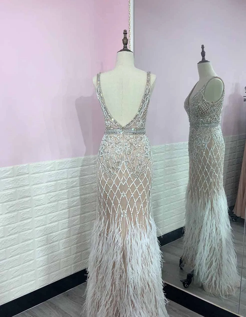 Luxury White Feathers Split Dress- Long Nude Beaded  Mermaid
